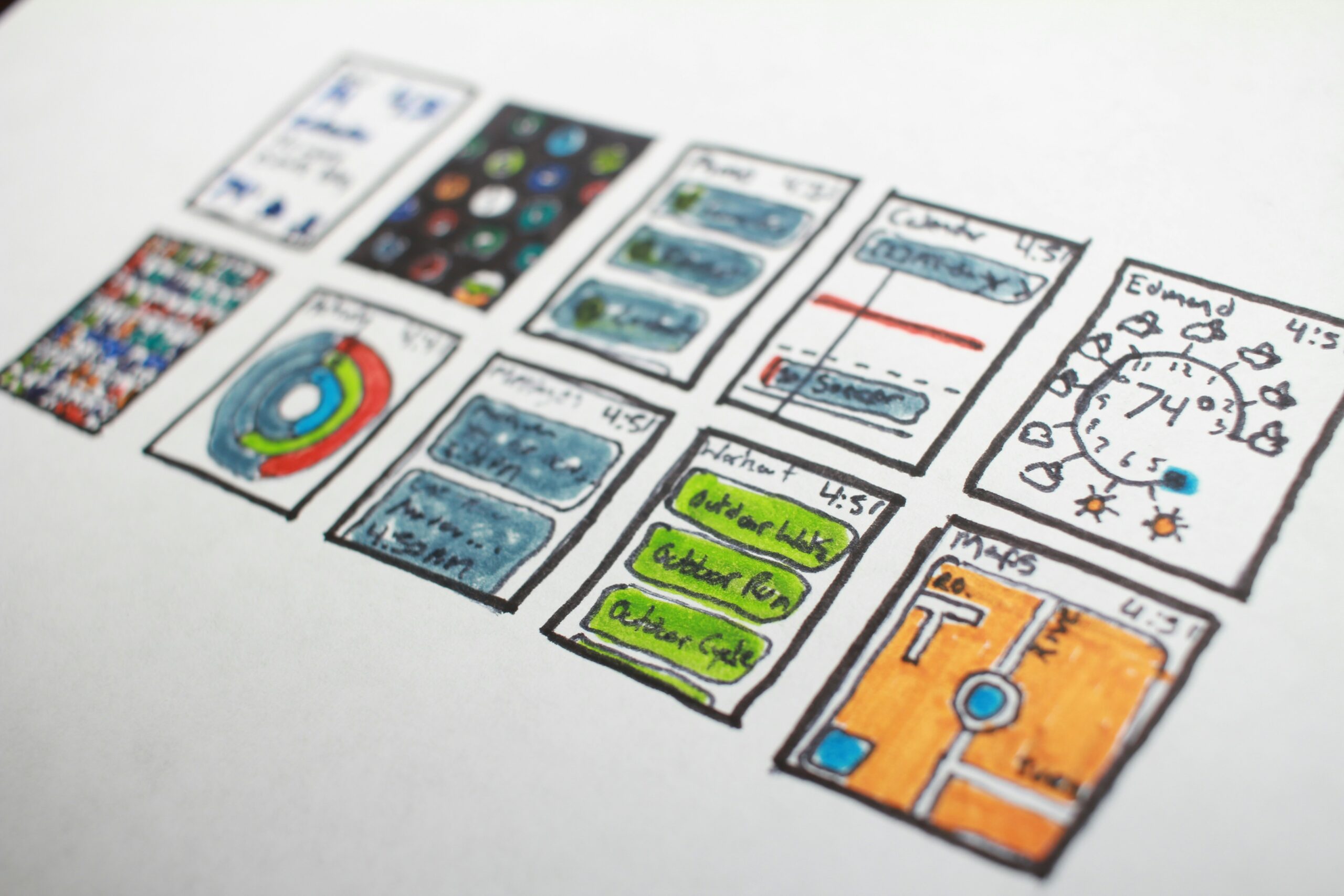 Hand-drawn app wireframe sketches